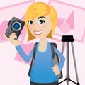 Cartoon cute photographer with camera and tripod