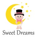 Cartoon cute pig in hat with bow on a moon Royalty Free Stock Photo