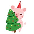 Cartoon pig, symbol of 2019 chinse new year with spruce tree. vector illustration for calendars and cards