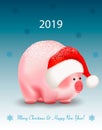 Cartoon cute piggy a chinese new year symbol on blue background with snowflakes. Santa Claus hat and greetings Merry Christmas and Royalty Free Stock Photo