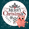 Cartoon cute piggy with Xmas tree toys greeting card