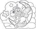 Cartoon cute pony unicorn sitting on the moon coloring book funny illustration