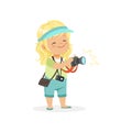 Cartoon flat preschool girl standing with digital photo camera in hands. Photographer or reporter profession concept