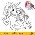 Cartoon cute princess cuddles with a unicorn coloring Royalty Free Stock Photo