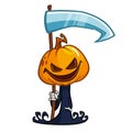 Cartoon cute pumpkin head icon. Vector pumpkin reaper with scythe isolated on white