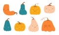 Cartoon cute pumpkins set. Autumn thanksgiving and halloween pumpkins collection. Vector illustrations