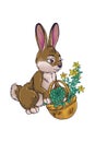 Cartoon cute rabbit with busket of greens