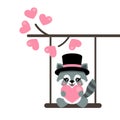 Cartoon cute raccoon with hat and heart on a swing and on a lovely branch