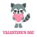 Cartoon cute raccoon with heart and valentines text