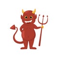 Cartoon cute red devil hell demon with pitchfork.