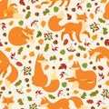 Cartoon cute red foxes seamless pattern with forest elements. Funny fox with leaves and berries, wildlife woodland Royalty Free Stock Photo