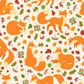 Cartoon cute red foxes seamless pattern with forest elements. Funny fox with leaves and berries, wildlife woodland animal vector Royalty Free Stock Photo