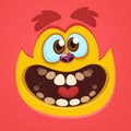 Cartoon cute red monster face. Vector Halloween red monster avatar smiling.