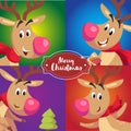 Cartoon cute reindeer different emotions. Big face expressions. Christmas character set. Red label. Best for invitations, greeting