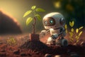 Cartoon cute Robot planted seedling young tree into the soil. Rehabilitation of natural resources to help world form global