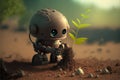 Cartoon cute Robot planted seedling young tree into the soil. Rehabilitation of natural resources to help world form global