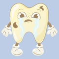 Cartoon cute sad tooth with caries crying.Dental concept, vector image for poster, sticker, print Royalty Free Stock Photo
