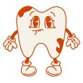 Cartoon cute sad tooth with caries.70, 80, retro style.Dental concept, vector image for poster, sticker, print Royalty Free Stock Photo