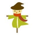 Cartoon cute scarecrow with green cloth, brown hat and red scarf.