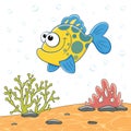 Cartoon cute Sea Fish isolated on sea landscape. Marine underwater world with plants, reefs on sand and colorful fish. Template Royalty Free Stock Photo