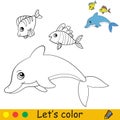 Cartoon cute sea theme coloring dolphin and fish