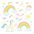 Cartoon cute set of wonderful fantasy elements with unicorn and rainbow