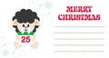Cartoon cute sheep black with scarf and calendar sitting on the christmas card Royalty Free Stock Photo
