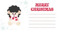 Cartoon cute sheep black with scarf sitting on the christmas card Royalty Free Stock Photo