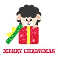 Cartoon cute sheep black sitting in christmas gift and christmas text Royalty Free Stock Photo