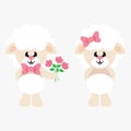 Cartoon cute sheep girl with bow and sheep boy with flowers Royalty Free Stock Photo