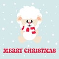cartoon cute sheep white with scarf sitting and christmas text