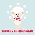 Cartoon cute sheep white with scarf and snowball and christmas text