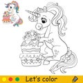 Cartoon cute sitting unicorn with cake coloring