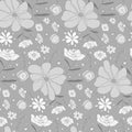 Cartoon cute sketch pattern with monochrome flowers