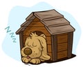 Cartoon cute sleeping dog in wooden kennel