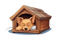 Cartoon cute sleeping dog wooden kennel. Vector illustration design