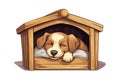 Cartoon cute sleeping dog wooden kennel. Vector illustration design