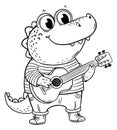 Cartoon cute smiling crocodile standing and plays guitar. Outline vector illustration. Coloring book page for kids