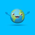 Cartoon cute smiling earth planet character isolated on blue background. Eath day concept design party poster template