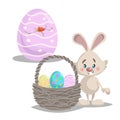 Cartoon cute smiling easter bunny with big basket and painted colorful eggs. Hatched easter egg. Royalty Free Stock Photo