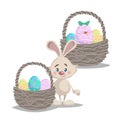 Cartoon cute smiling easter bunny with big basket and painted colorful eggs. Hatched easter egg. Royalty Free Stock Photo