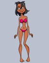 Cartoon cute smiling girl in a pink bathing suit