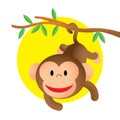 Cartoon cute smiling monkey hanging and swinging from tree branch with tail Royalty Free Stock Photo