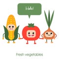 Cartoon Cute smiling vegetables - corn, tomato, onion.
