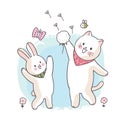 Cartoon cute spring, Cat and rabbit playing fower vector.