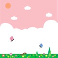 Cartoon cute spring landscape with butterfly and blossom land.