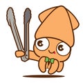 Cartoon cute squid with bowtie holding a grill tongs,. Korean BBQ Squid