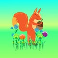 Cartoon cute squirrel on a green meadow. A fun print. Vector ill Royalty Free Stock Photo