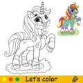 Cartoon cute standing green unicorn kids coloring book page