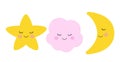 Cartoon cute star, cloud and moon sleeping and smiling.